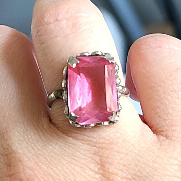 Vintage Boho Antique Sterling Silver Rectangle Pink Topaz Crystal Ring 6 - Picture 4 of 14
